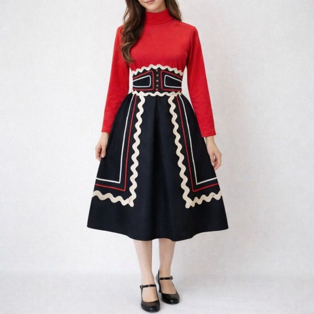 Vintage 1960s Howard Wolf Strawberry Button Ric-Rac Dress Black Red Ivory Size 4